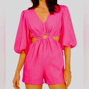 1.State Womens Pink Juneberry Ring Cutout Linen V-Neck Romper Size S